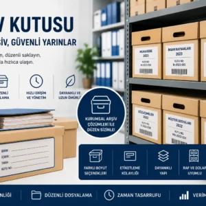 Raflara yerleştirilmiş etiketli arşiv kutuları, klasörler ve kurumsal belge saklama düzenini gösteren profesyonel arşiv görseli