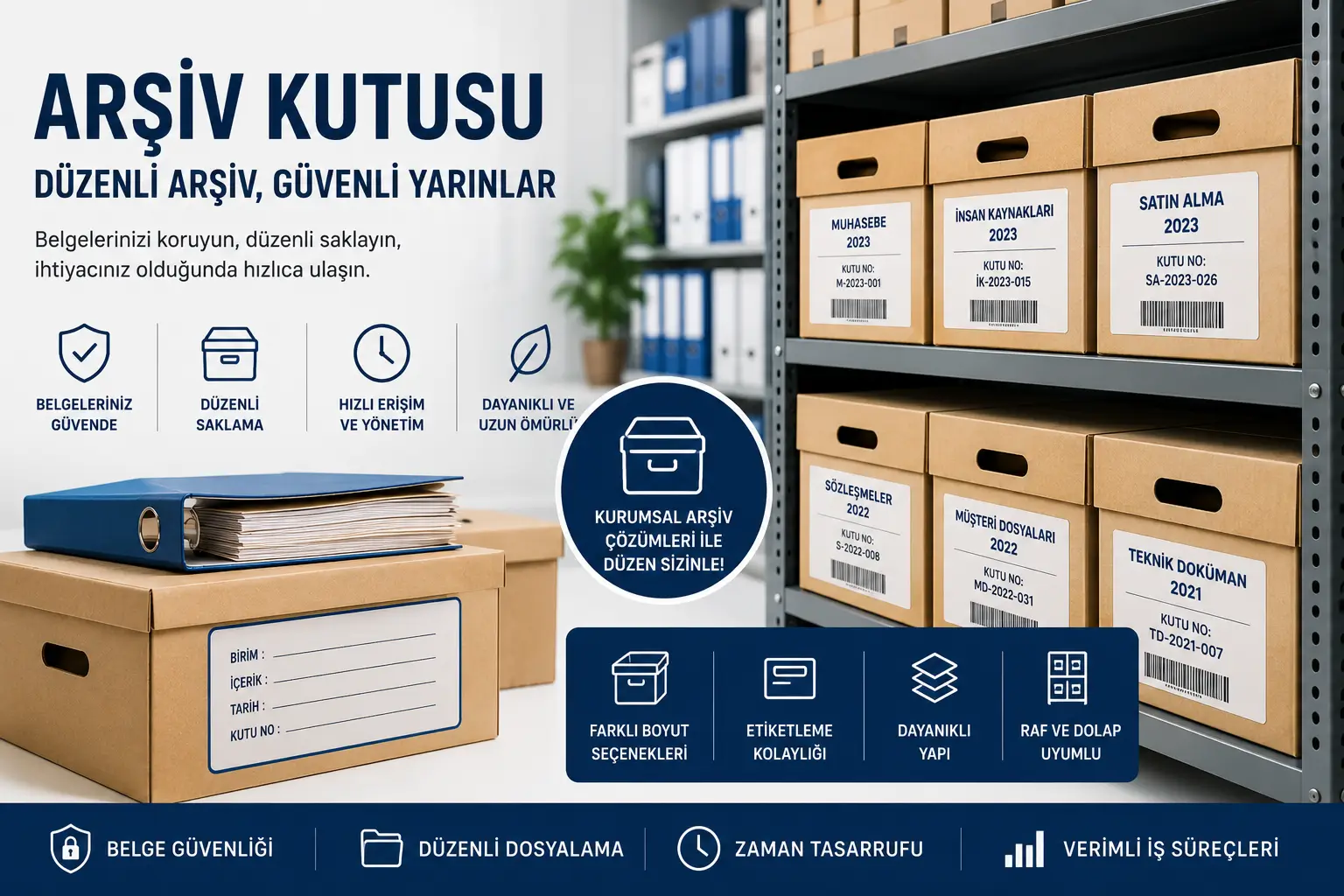 Raflara yerleştirilmiş etiketli arşiv kutuları, klasörler ve kurumsal belge saklama düzenini gösteren profesyonel arşiv görseli