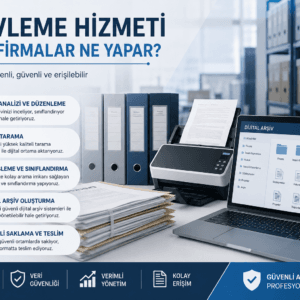 Arşivleme hizmeti sürecinde belgelerin analiz edilmesi, taranması, indekslenmesi ve dijital arşiv sistemine aktarılmasını gösteren kurumsal görsel