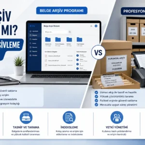 Belge arşiv programı ile profesyonel arşivleme hizmetini karşılaştıran, dijital belge yönetimi ve fiziksel arşiv düzenleme sürecini gösteren kurumsal görsel