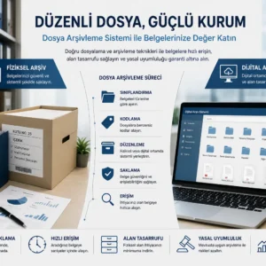 Dosya arşivleme sisteminde fiziksel klasörlerin düzenlenmesi, dijital dosya yapısının oluşturulması ve belgelere hızlı erişim sağlanmasını gösteren kurumsal görsel