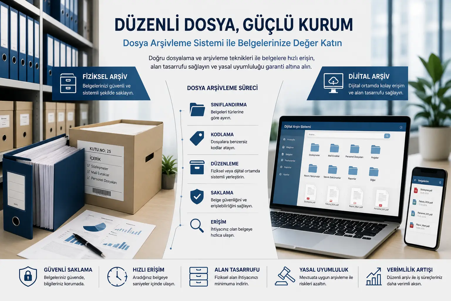 Dosya arşivleme sisteminde fiziksel klasörlerin düzenlenmesi, dijital dosya yapısının oluşturulması ve belgelere hızlı erişim sağlanmasını gösteren kurumsal görsel