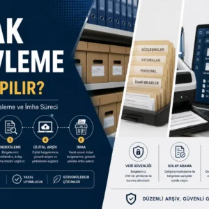 Evrak arşivleme sürecinde belgelerin saklanması, taranması, indekslenmesi, dijital arşive aktarılması ve güvenli imha edilmesini gösteren kurumsal görsel